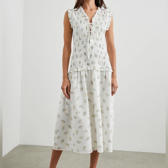 RAILS Dion Amaryllis Floral drop waist smocked Shirred Cotton Midi Dress - Picture 1 of 6